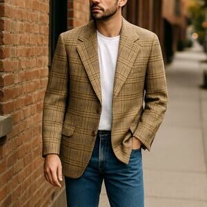 Vintage 70s Austin Reed 44R Wool WIDE LAPEL Plaid Blazer Jacket Gray Brown EUC!